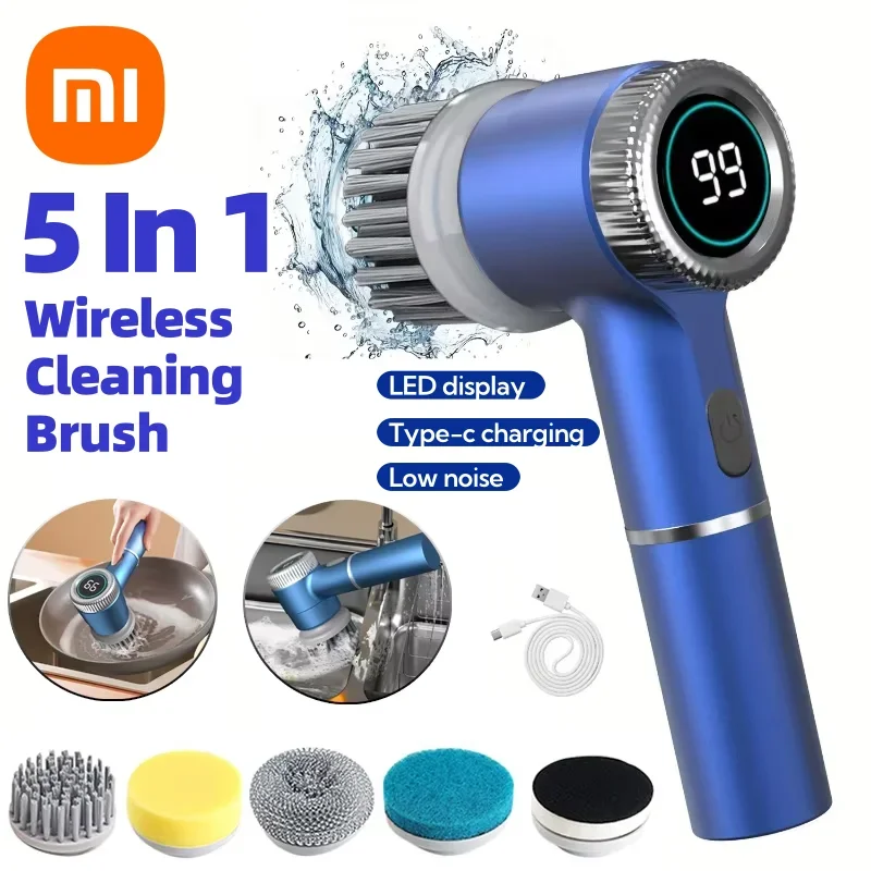 فرشاة التنظيف الكهربائية Xiaomi 5 في 1 متعددة الوظائف للمطبخ والحمام والمرحاض، فرشاة تنظيف محمولة، شاشة LED للأجهزة المنزلية