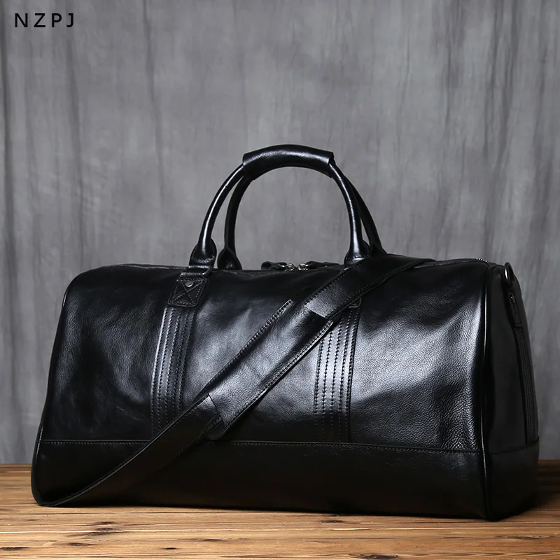 NZPJ Genuine Leather Men Travel Bag Natural Cowhide Handbag Casual Crossbody Bag Large Capacity Luggage Bag  For 16 inch laptop