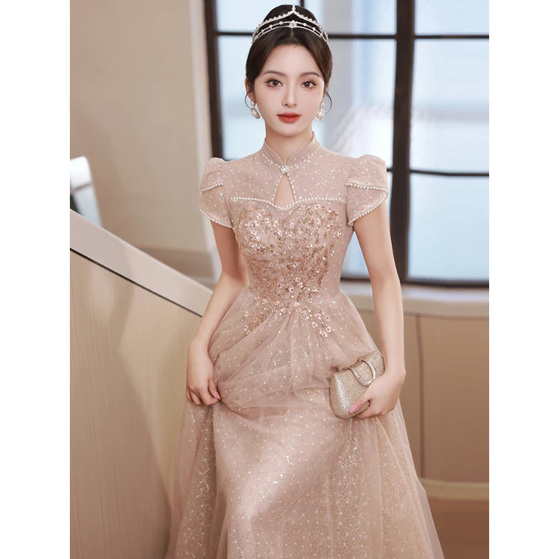 

Women Evening Dress French Style Vintage Ankle-Length Tulle Layered Beading Sequins Short Sleeve O-Neck Quinceanera Dresses