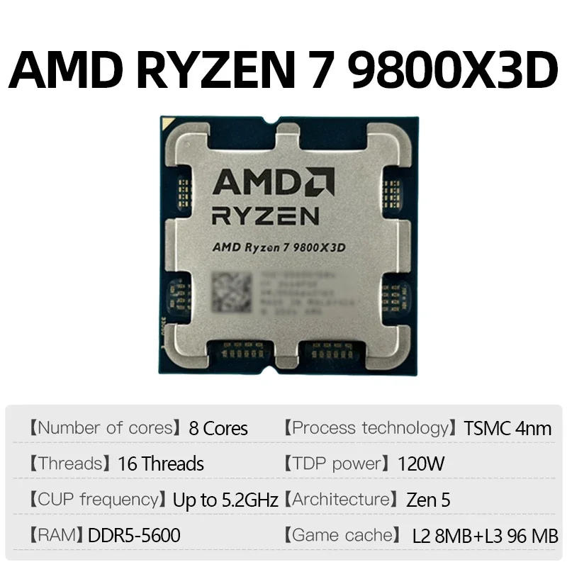 AMD 라이젠 7 9800X3D R7 9800X3D Zen5 4nm 8코어 16스레드 5.2GHz 96MB 3D V 캐시 언락 CPU DDR5 PCIe5 AM5 루즈 트레이 쿨러 미포함