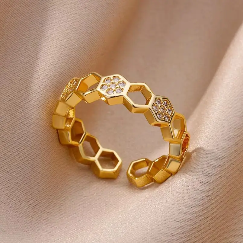 Zirco Hexagonal Ring Stainless Steel Gold Plated For Women