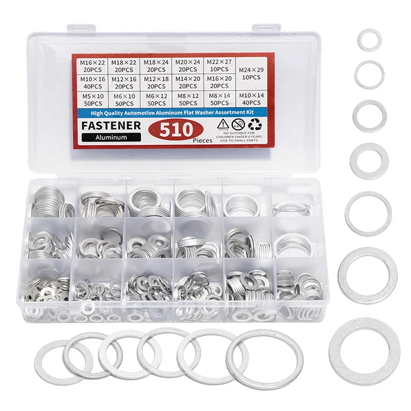 Conjunto de Juntas de Dreno de Óleo Métrico Automotivo Arruela Plana de Alumínio Kit Combinado m6 m8 M10 M12 M16 M18 M20 M24 510 Pcs