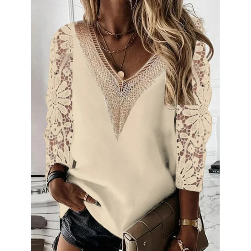 

Autumn And Winter Fashion New Women's 2024 Women's 9/4 Sleeve Hollow Lace Pullover Sexy V-Neck Splice T-Shirt Solid Elegant Top