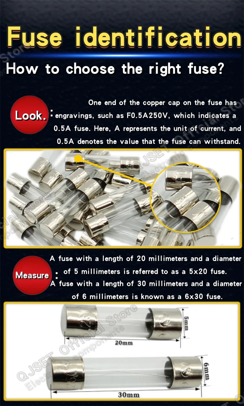 20 Stück 6x30mm/5*20mm Langsam Schmelzende Glasverzögerungssicherungen T0.5A 0.75A 1A 1.25A 1.5A 2A 2.5A 3.15A 4A 6.3A 7A 8A 10A 12A 15A ​ 20A 250V – Detail 3