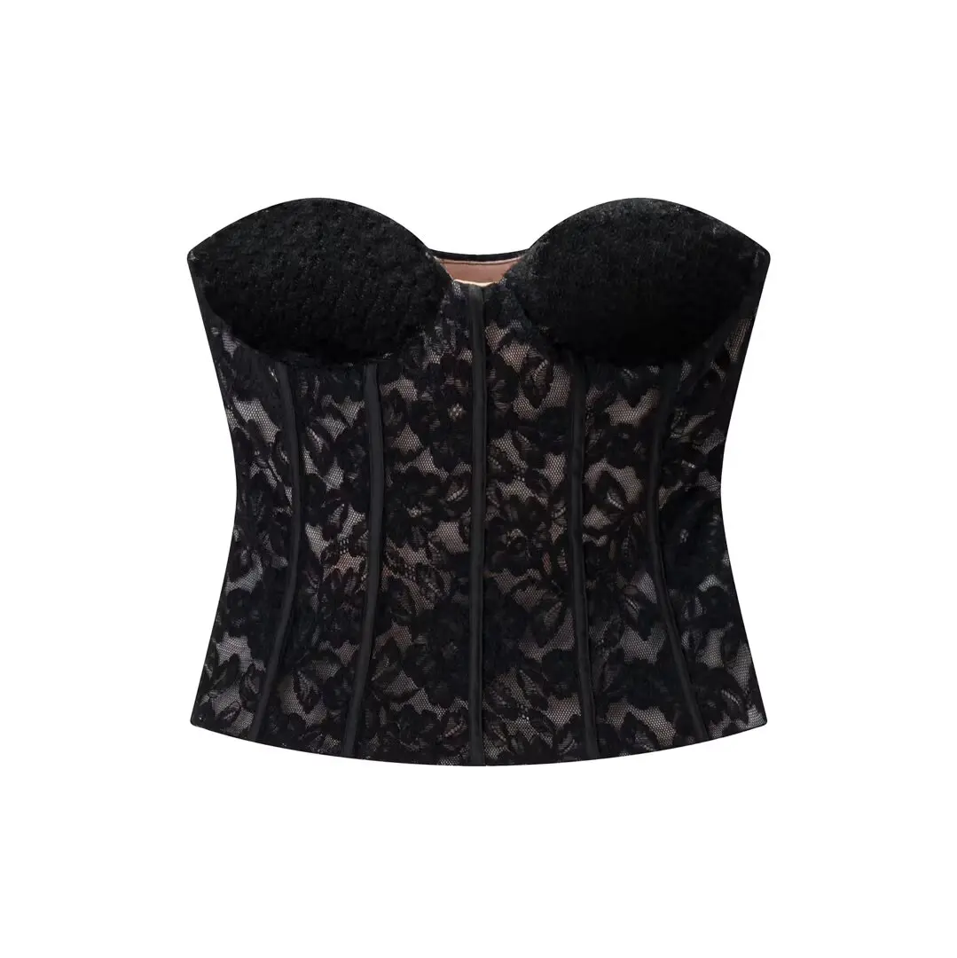 JHQJMW Black Lace Strapless Corset Top for Women Sping Summer 2026 Y2K Harajuku Sexy Fashion Elegant Sleeveless Shirt Female