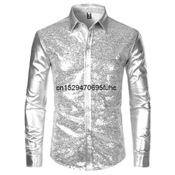 Silver Metallic Sequins Glitter Shirt Men 2023 New 70's Disco Party Halloween Costume Chemise Homme Stage Performance Shirt Male