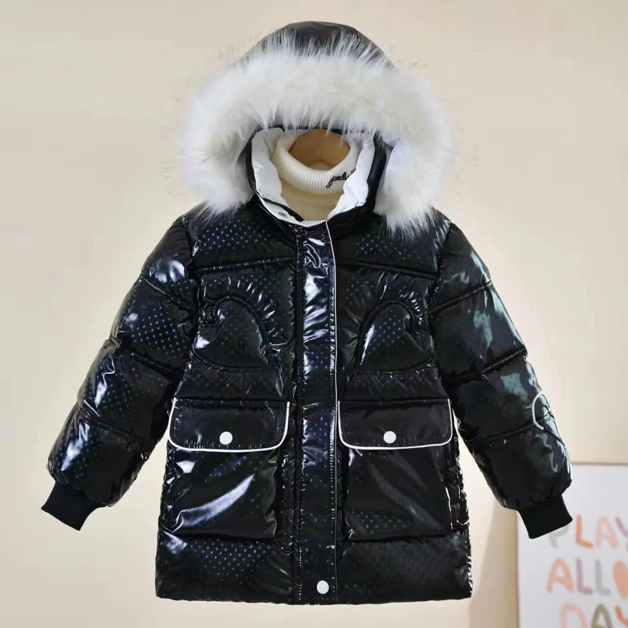 

Trendy Girls' Overcoat Heart Pattern Fleece Warm Hooded Jacket Coat For Winter Outwear Children Waterproof Hooded Clothing