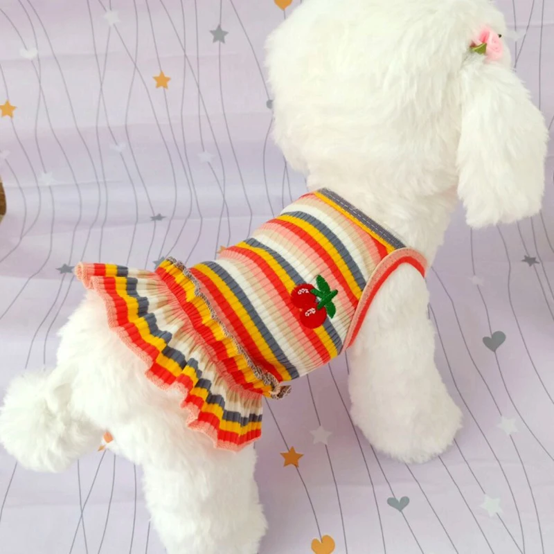 Color Striped Dog's Clothes Small Sweet Dog Princess Dress Spring And Summer Cat Skirt Cute Cherry Pattern Pretty Pet Dress