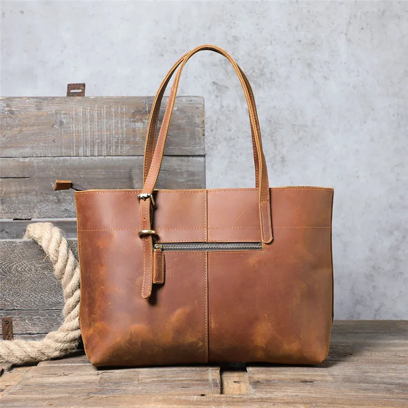 Simple vintage crazy horse cowhide ladies tote bag casual natural genuine leather handbag women's work laptop shoulder bag
