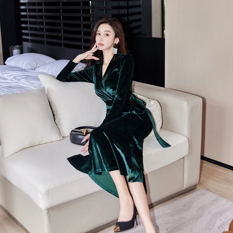 Long Sleeve Women'S Clothing Dresses Ladies 2022 Fishtail Green Sequins Autumn Winter Woman Dress Korean Fashion Elegant Female