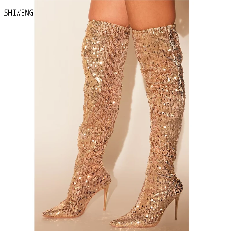

2024 New Women's Fashion Sexy Party Gold Flake Over The Knee Boots Elegant High Heels Dress Designer Shoes Big Size 44