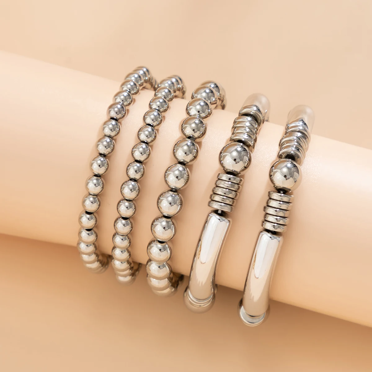 5Pcs/Set Punk Vintage Gold Color Round Beads Bracelets for Women Exaggerated Big Ball Elastic Charm Bangles HipHop Party Jewelry