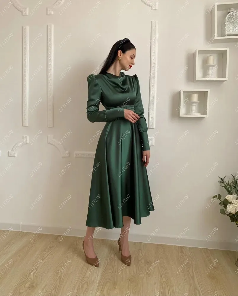 

LIYYLHQ Glamorous Prom Dresses 2024 Long Sleeves Cowl Neck Satin Empire A-Line Tea-Length Elegant Evening Dress Party