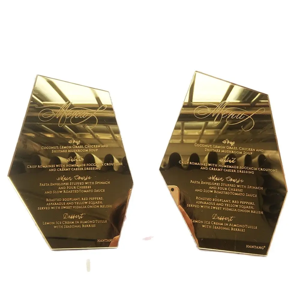 

50pieces Per Lot Luxury Golden Mirror/Silver Mirror Acrylic Wedding Menu Cards with Engraved Letters