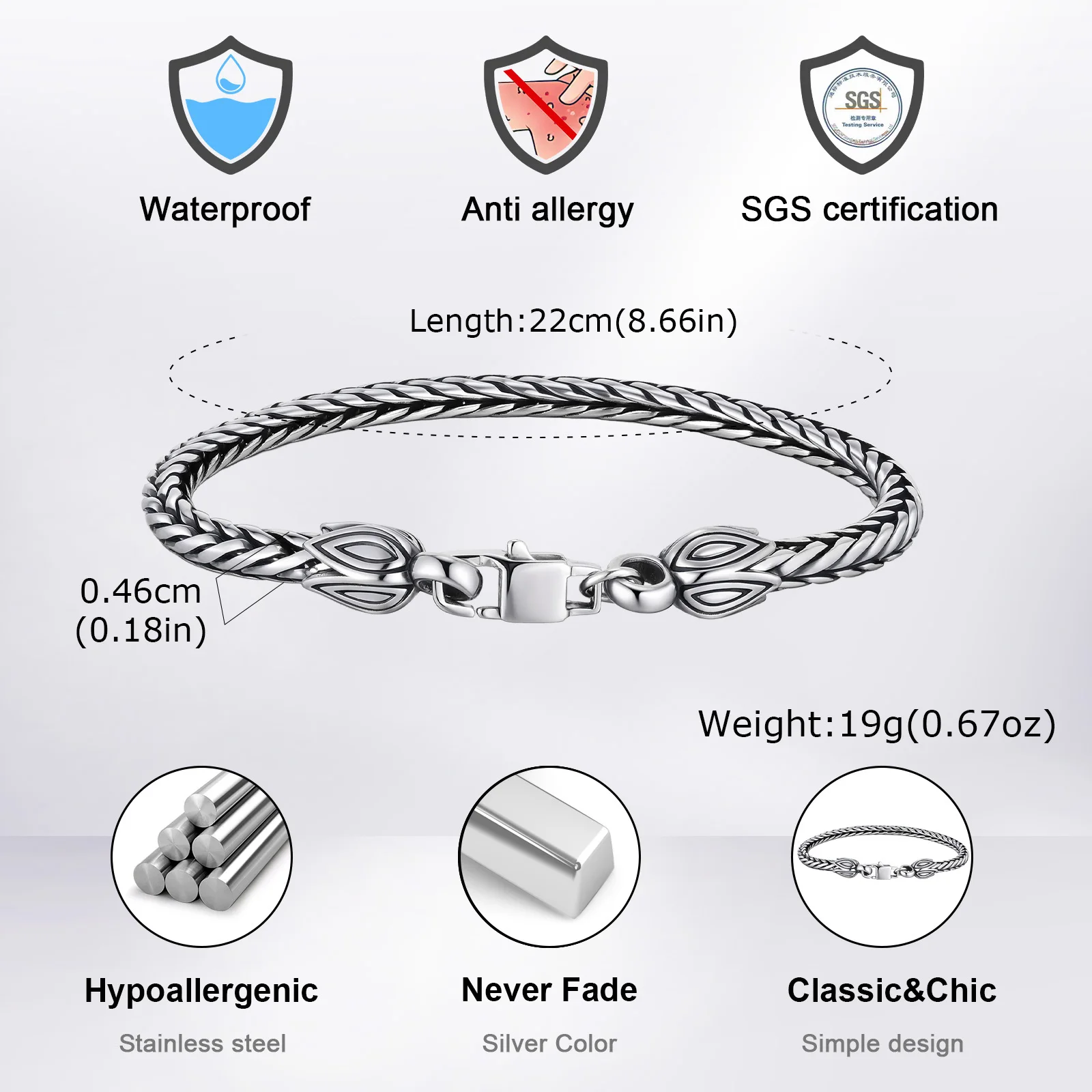 Punk Men's Chain Bracelet,Vintage Stainless Steel Handmade Wheat Chain Bracelet,Birthday Jewelry Gift for Husband Father BBF