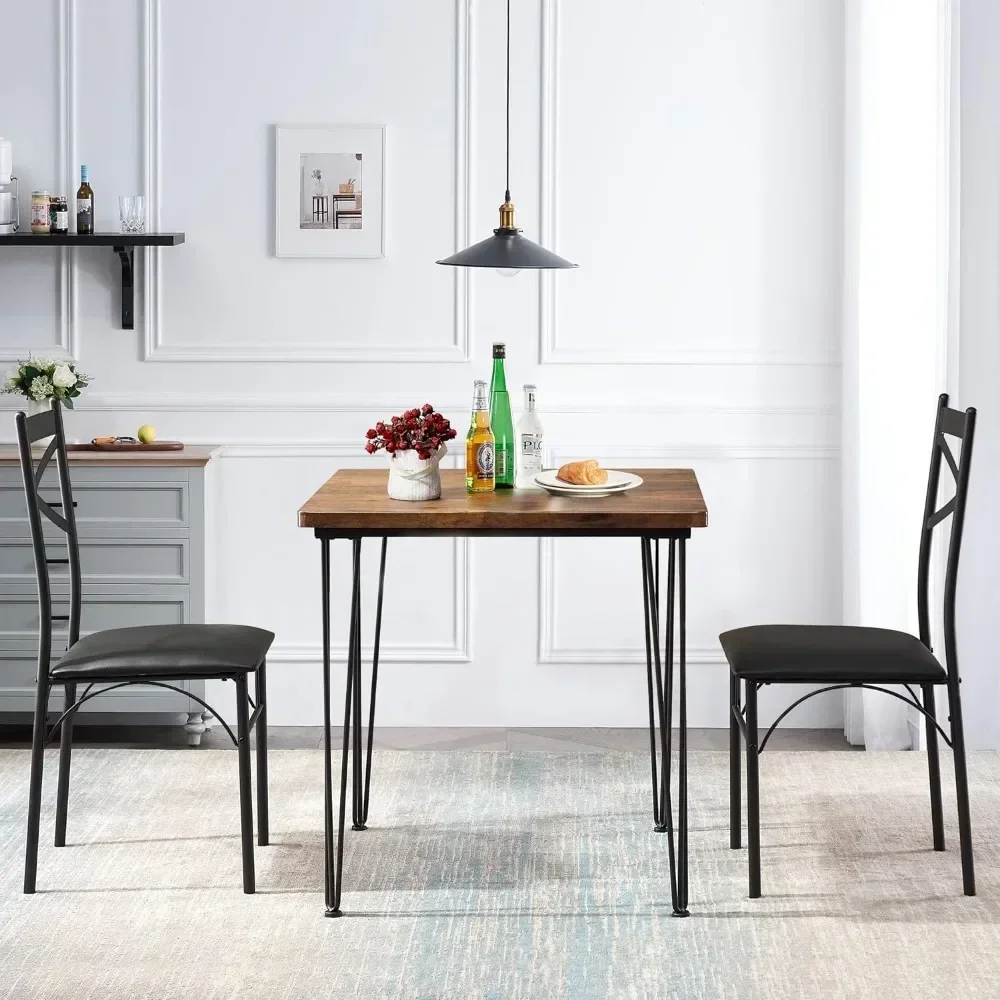 3-Piece Dining Room Kitchen Table and Pu Cushion Chair Sets for Small Space, Set of 3, Brown