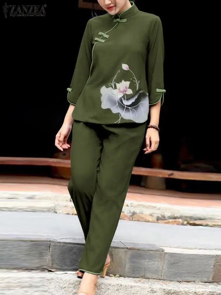 

ZANZEA Vintage Flower Printed Outfits Chinese Style Knot 2PCS Pant Sets Women Stand Collar Tops Tracksuit Long Pencil Pant Sets