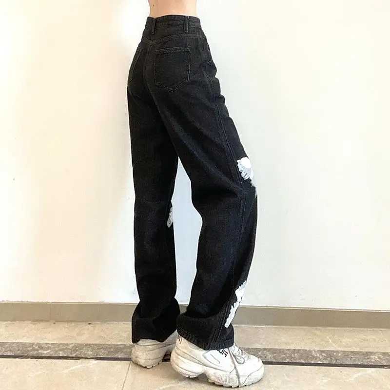 Streetwear Y2K Vintage Black Jeans Women New Wide Leg Butterfly Print Pants Hiphop Oversize Loose Straight Casual Trousers 5XL
