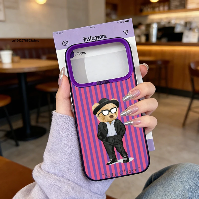 Luxurious Pink Striped Cartoon Bear Phone Case with IMD Cover Design