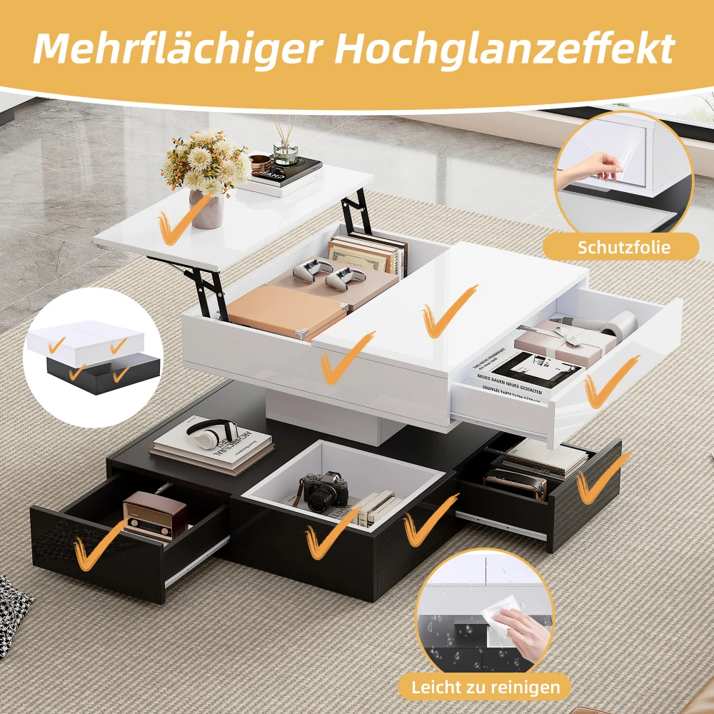 Hochglänzender Couchtisch, Wohnzimmertisch mit Schublade, Beistelltisch mit Schiebeplatte, Couchtisch mit großem Stauraum – Detail 28