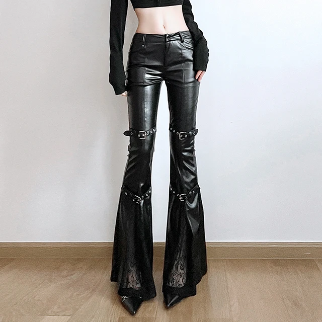 SUCHCUTE PU Leather Flare Pant Goth Buckle Lace Patchwork Pants 