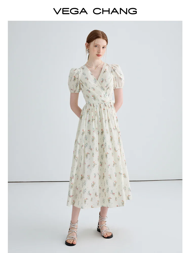 

French Floral Dress Women's 2023 Summer New Waist Wrap Show Thin Temperament Bubble Sleeve Long Dress