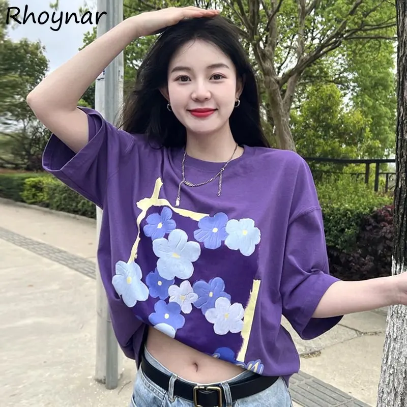 

Purple Print T-shirts Women Panelled Sweet Harajuku Summer American Streetwear Girlish Temper O-neck Aesthetics Tops Camisetas