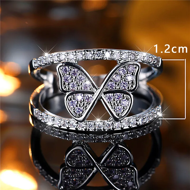 Cute Female Small White Purple Zircon Stone Butterfly Engagement Ring Trendy Silver Color Bride Wedding Jewelry Gift For Women
