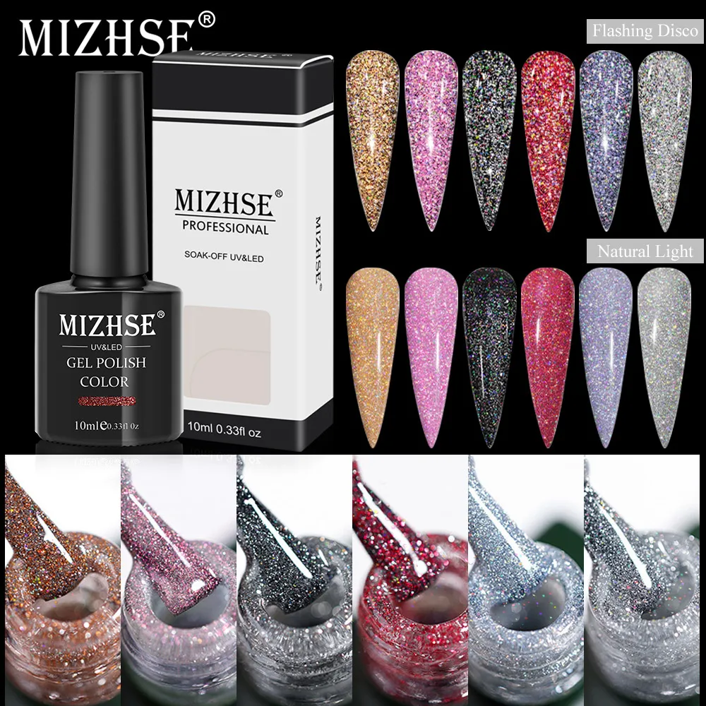 

MIZHSE 10ML Reflective Glitter Gel Nail Polish Varnish 6 Colors Shiny Vernis Semi Permanent Enamels UV LED Nail Polish Nail Art