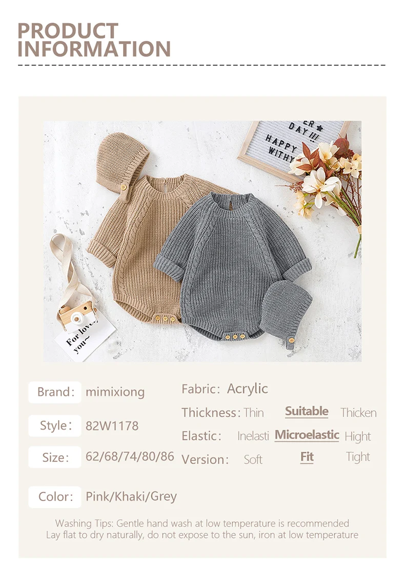 Autumn Baby Bodysuits Clothes Winter Solid Long Sleeve Knit Newborn Boys Girls Onesie Hats Outfits 0-18m Infant Netural Costumes