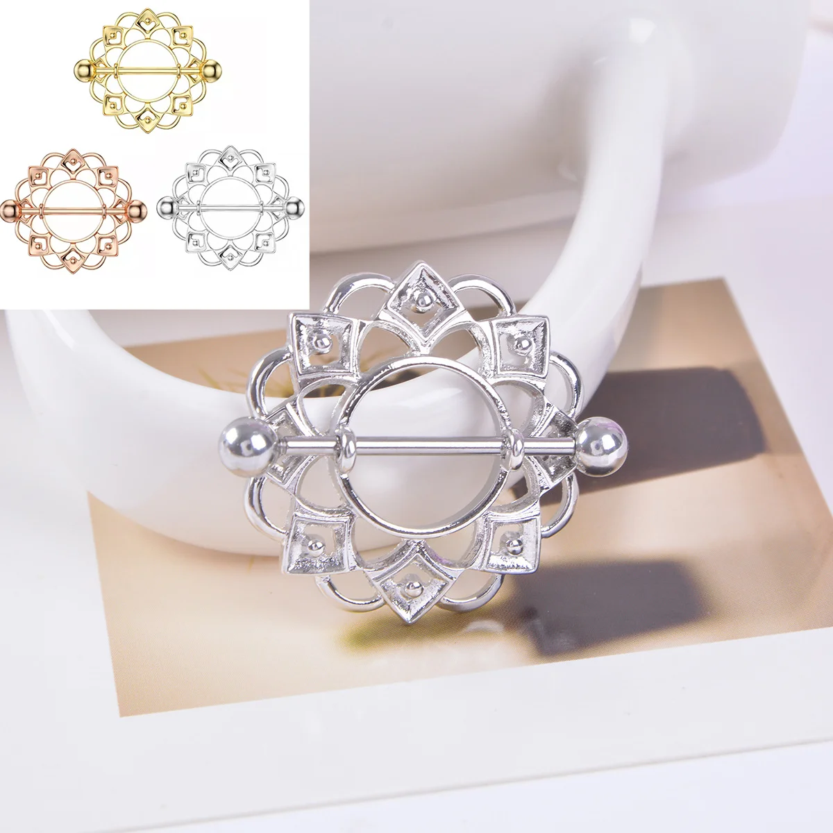 

2Pcs Nipplerings Piercing Stainless Steel Diamond Shaped Hollow Flowers Nipple Ring For Women Body Jewelry Accessory