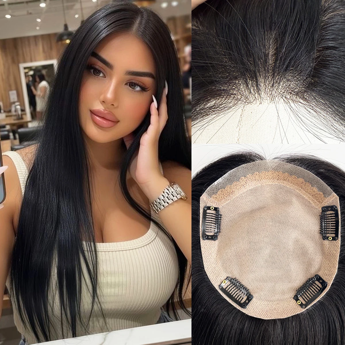 Topper per capelli umani 13x15 cm con clip, base in seta, capelli vergini europei, toupet per donna, pezzi di capelli lunghi e lisci 9x14 cm