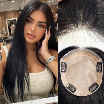 Topper per capelli umani 13x15 cm con clip, base in seta, capelli vergini europei, toupet per donna, pezzi di capelli lunghi e lisci 9x14 cm