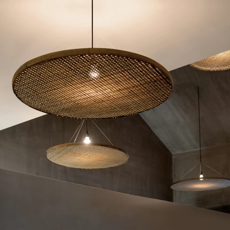 

Vintage Wabi-sabi Wind Loft Pendant Lights Chinese Classical Reddish Brown Hand Woven Bamboo Pendant Lamp Dining Room Decoration