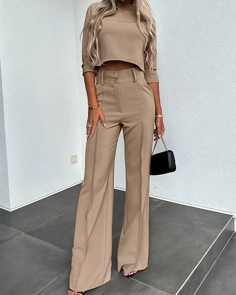 Elegantes 2-teiliges Damen-Büro-Outfit-Set mit Stehkragen, bauchfreies Oberteil und geknöpfter Hose mit Tasche, passende Sets für Damen-Arbeitskleidung – Detail 7