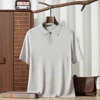 T-shirt en soie de mûrier pour homme, col polo à bouton unique, tricot fin 18 points, pull d'été haut de gamme, mode polyvalente, manches courtes 5