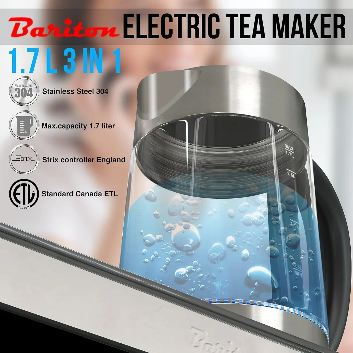3 in 1 water kettle/TEA MAKER/coffee maker MODEL BTM-1780GS Electronic sensor touch control panel with display, powered by strix 3
