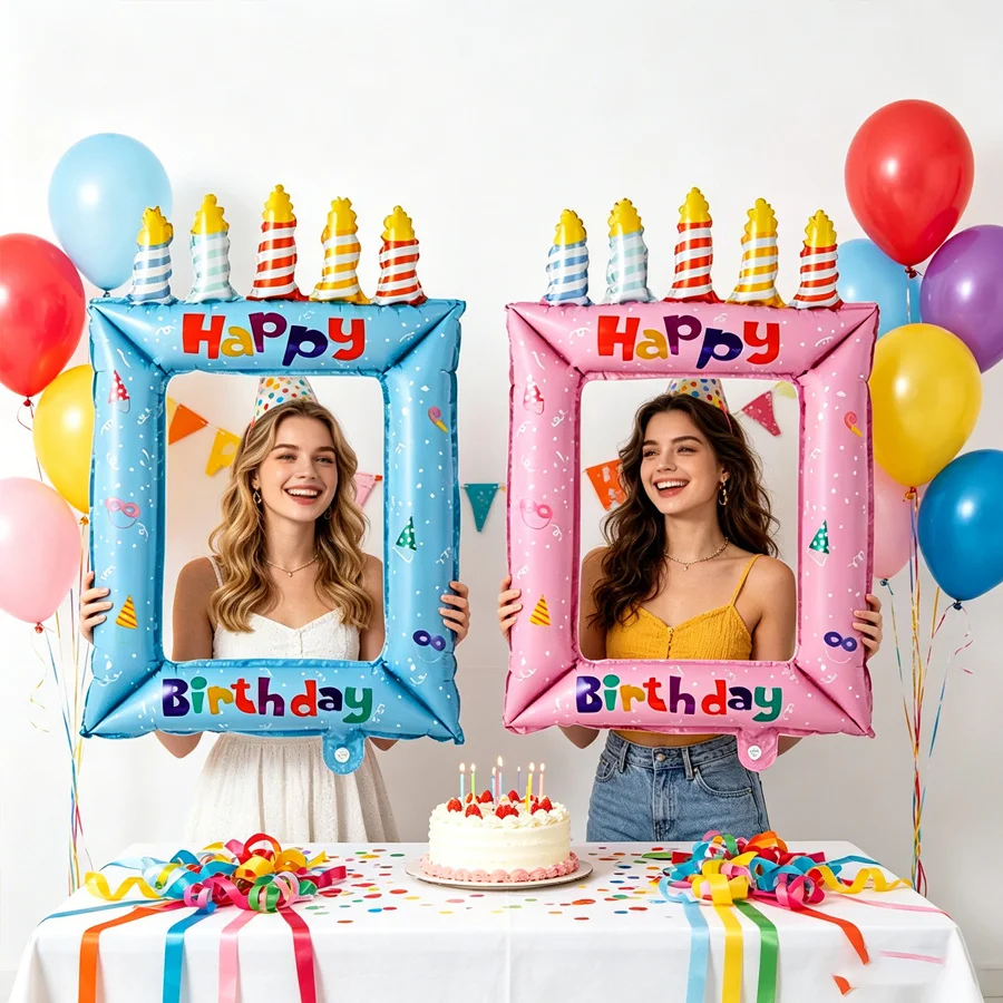 28인치 공주 테마 풍선 사진 프레임 - 포일 셀카 부스 소품, 생일 축하용, 생일 장식 사진 소품