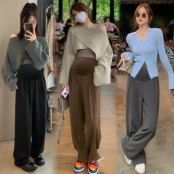 Summer Pregnant Woman Straight Trousers Maternity Wide Leg Pants – High Waist Office Trousers Spring/Fall Pregnancy Office Wear