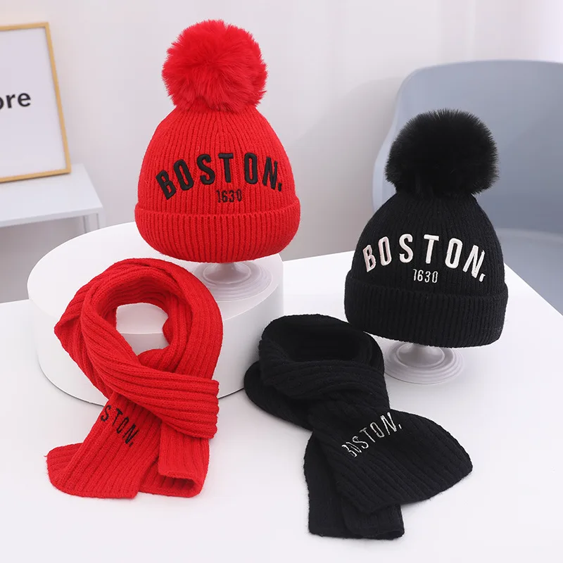 Doitbest baby kids beanie sets boston letters big fur ball 2 Pcs boys girls winter villus hat scarf set for 3 to 8 years