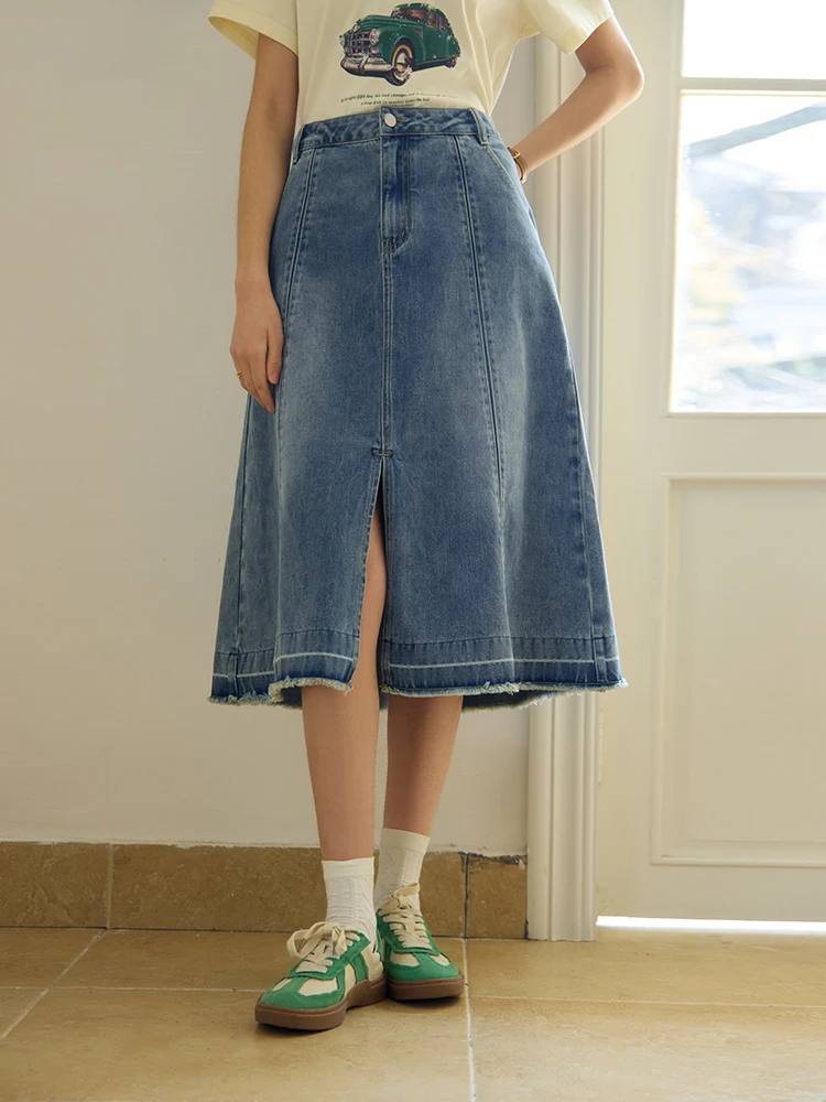 DUSHU Double Version Retro Washed Denim Skirt for Women High Waist Slimming 2024 Summer New All-match Skirts Female 24DS82015 dushu minimalist cut out little black vest dress for women 2024 spring chic design elegant sleeveless dress for female