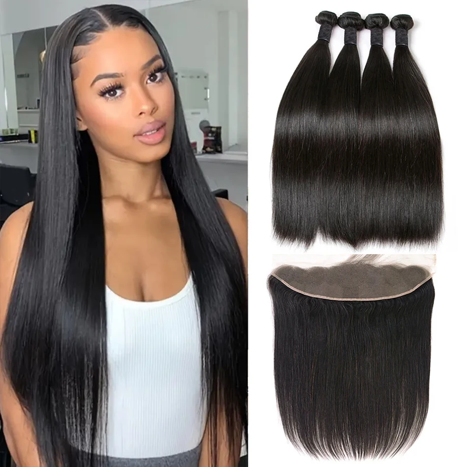 Human Hair Bundles Human Hair Weave 13x4 HD Lace Frontal Brazilian Weaving 3 Bundles for Women Extensions