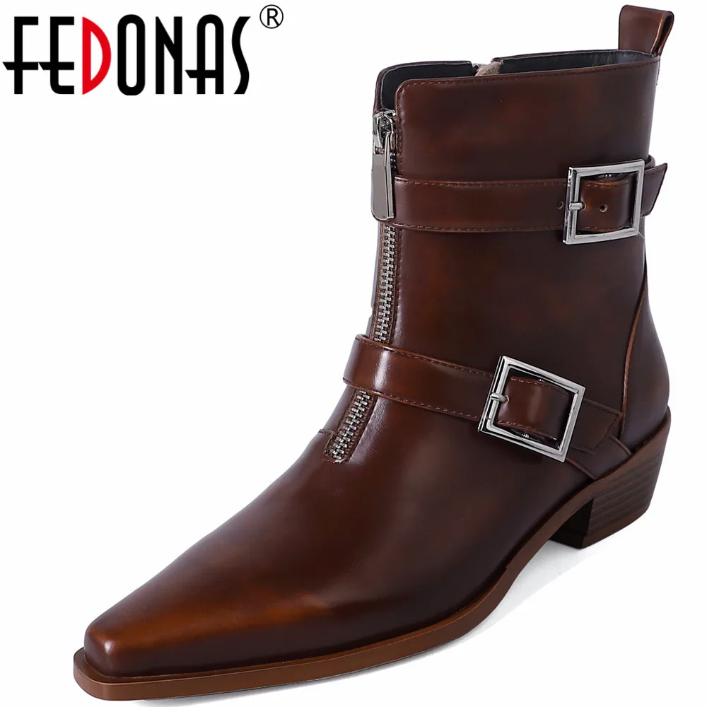 

Женские винтажные ботильоны с пряжкой FEDONAS, черные мотоботинки из натуральной кожи на молнии, повседневная обувь в стиле ретро на осень и зиму 2023