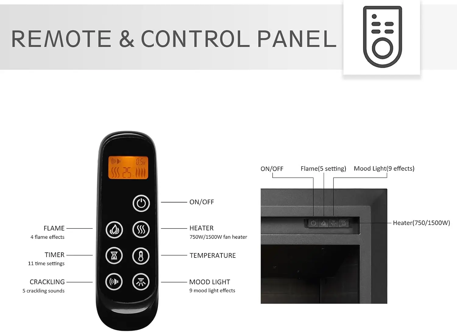 Carl 39" W Electric Fireplace Insert (EF265) Fireplace Heater 750/1500W Fire Crackling Sound Remote Control 5