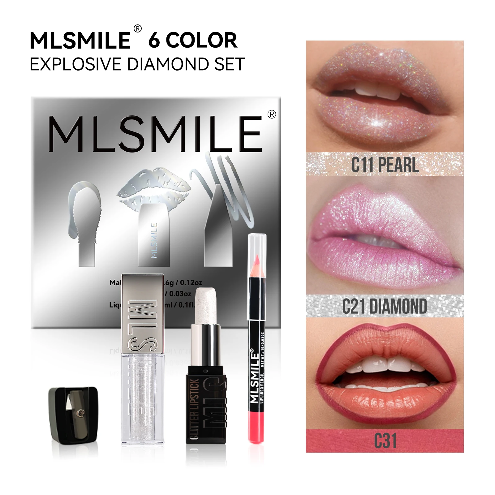 MLSMILE Multi-Combination Burst Lip Kit Fine Glitter Lipstick Lip Glaze + Liner Combo Free Roller Pencil