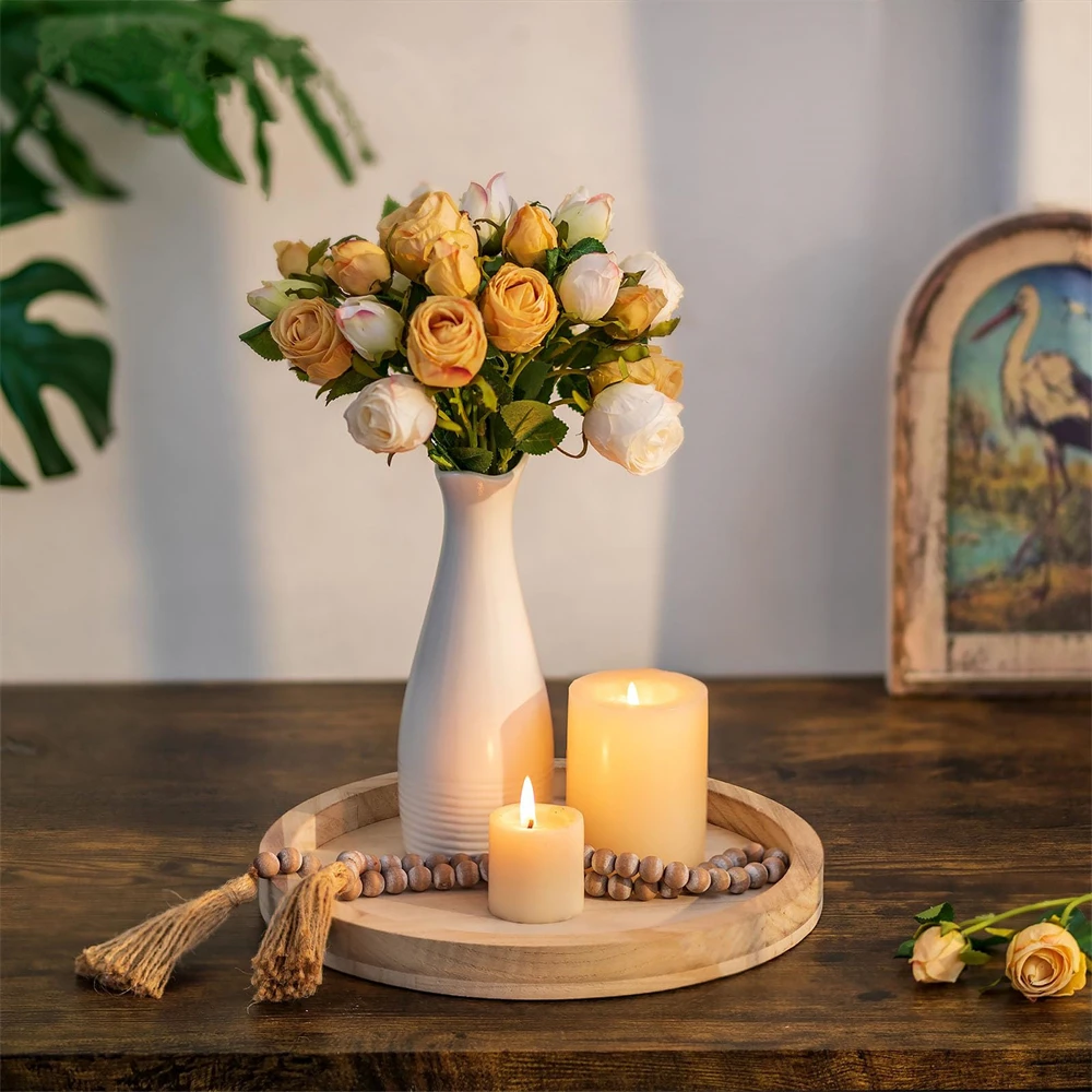 Wooden Serving Tray, Decorative Rustic Round, Vintage Centerpiece Candle Holder Tray, Kitchen Countertop Ottoman