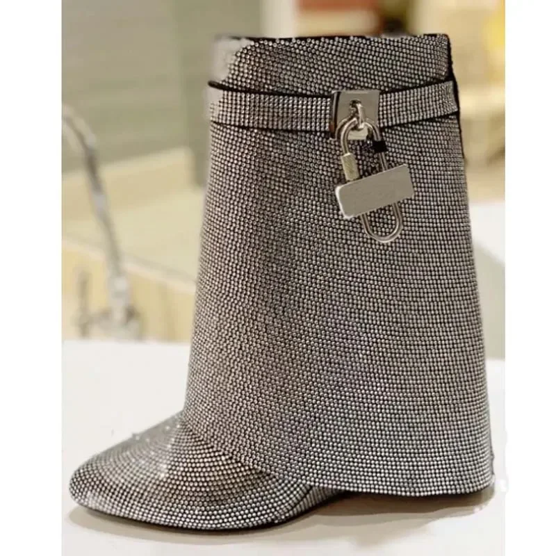 

Full Rhinestone Padlock Design Mid-calf Trouser Boots Women's Winter New Round Toe Slope Heel Silver Motorcycle Boots size 34-43