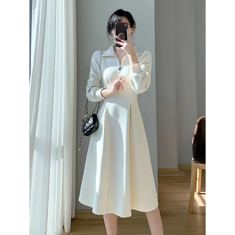 

French style new Polo collar long sleeved dress for women in autumn, gentle and luxurious, with a waist cinched temperament and