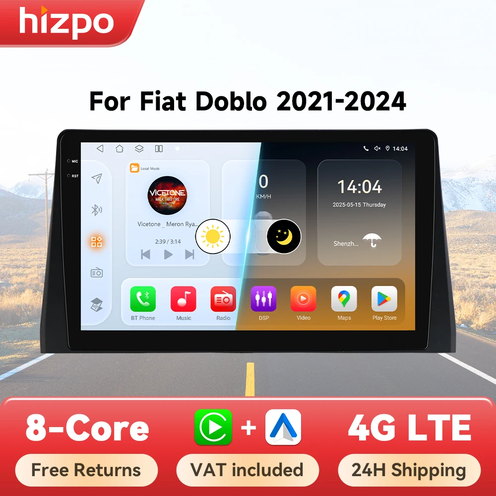 Hizpo Wireless CarPlay Android Auto Radio für Fiat Doblo 2021 2022 2023 2024 Smart Car Systems Multimedia Bildschirm Stereo GPS Navi