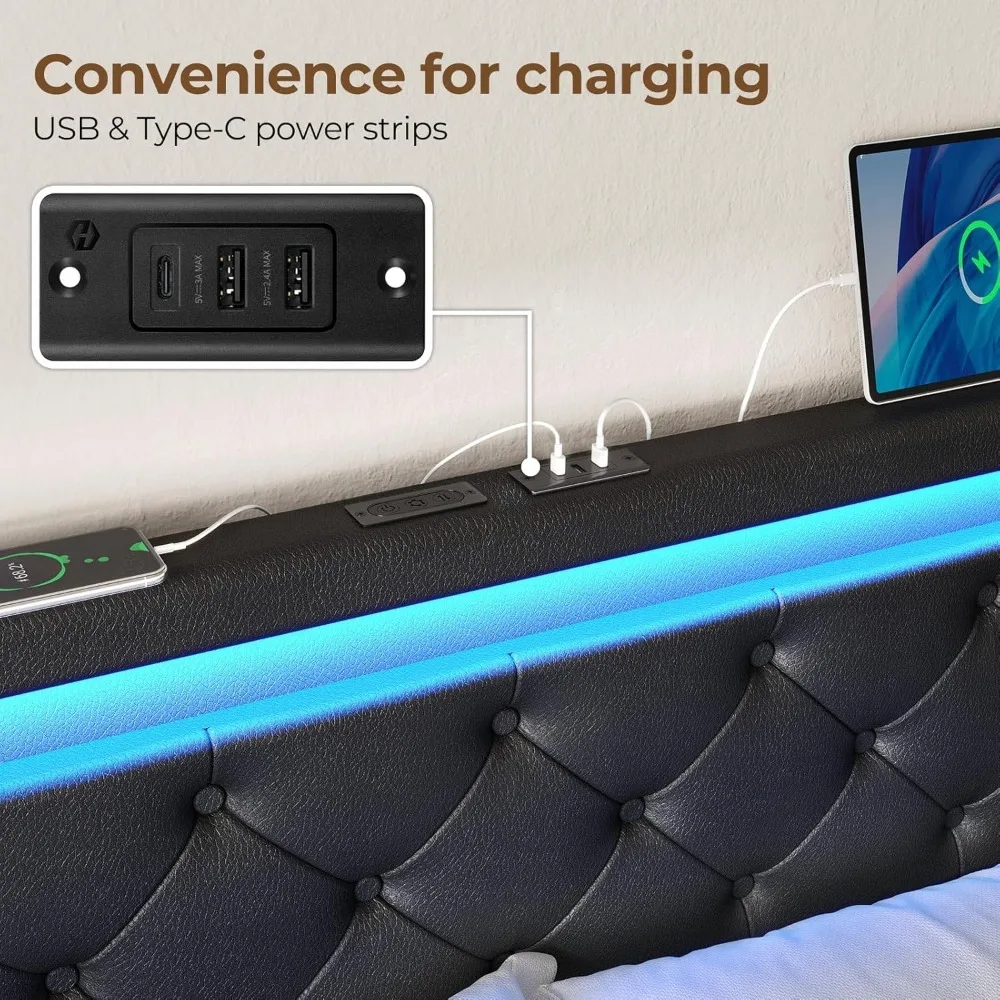 Queen Bed Frame with LED Lights and Charging Station, PU Leather Bed with Drawers, Wooden Slats, Noise Free,  Bed Frame 4